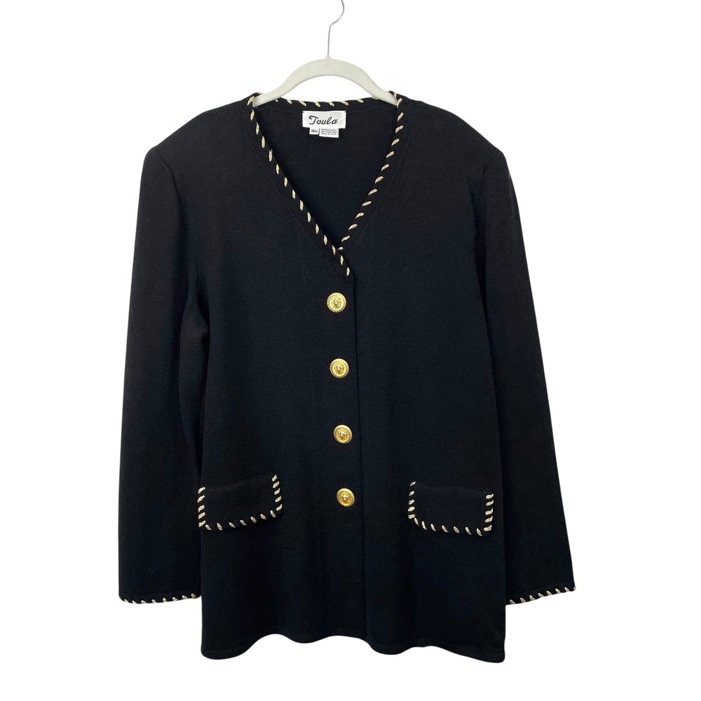 Toula Santana knit metal lion head button up blazer cardigan Size 18W black gold